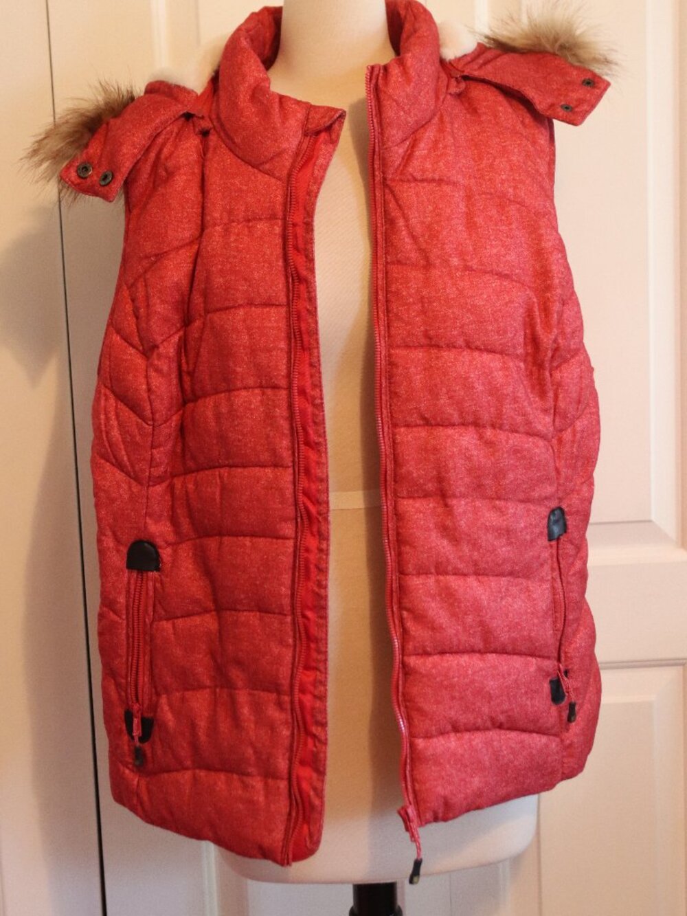Green Tea Heathered Red Quilted Puffer Vest Zip Front Removable Hood Size XXL